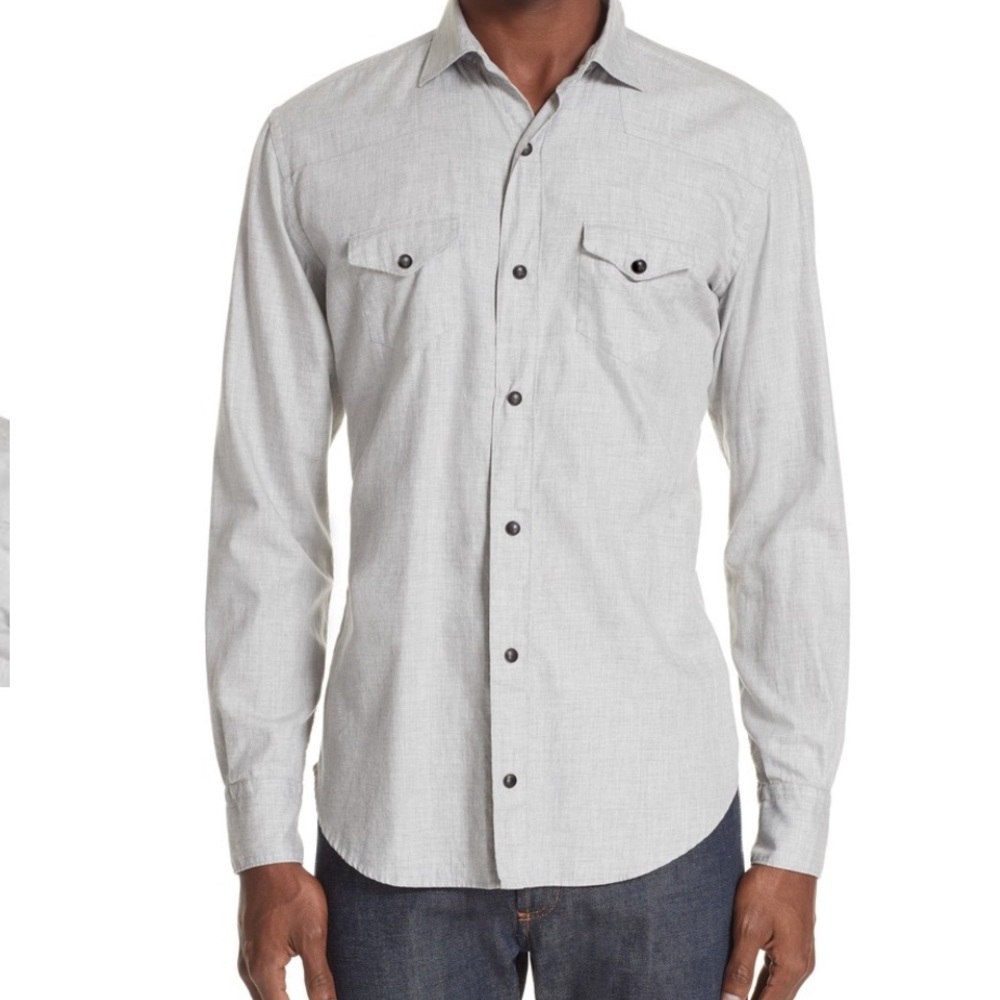 Eleventy Men’s Trim Fit Western Shirt Snap Button Long Sleeve Light Gray